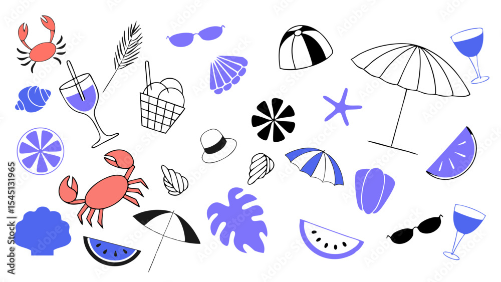 Obraz premium Summer Fun: A delightful collection of playful summer elements, creating a lighthearted and vibrant scene. Capturing the essence of joy, vacation, relaxation, and the warmth of the season