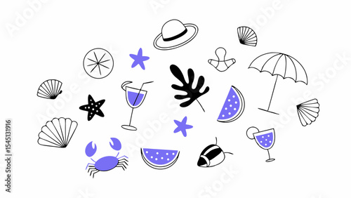 Summer Doodles: A collection of playful doodles evoking the warmth and fun of summer, including seashells, beach essentials, and refreshing drinks, offering a delightful invitation to carefree days.