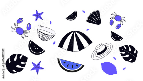 Summer Fun in the Sun: Vibrant illustration of essential summer elements scattered in a playful composition evoking a sense of relaxation, carefree days, and the joy of vacation.