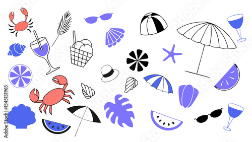 Summer Fun: A delightful collection of playful summer elements, creating a lighthearted and vibrant scene. Capturing the essence of joy, vacation, relaxation, and the warmth of the season