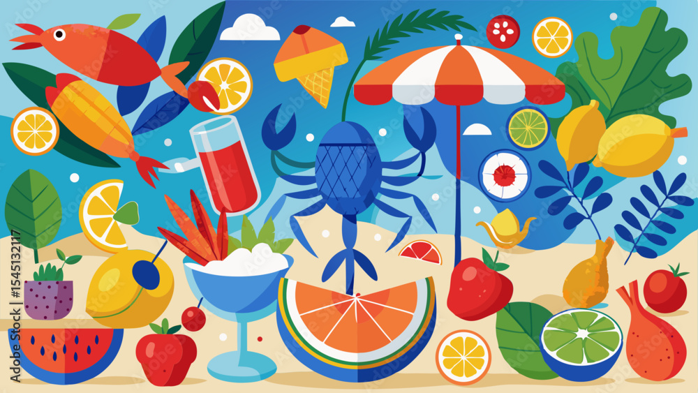 Naklejka premium Summer Fun Paradise: A vibrant illustration of summertime bliss unfolds, showcasing playful imagery of refreshing fruits, a bright sun umbrella, and whimsical sea creatures.