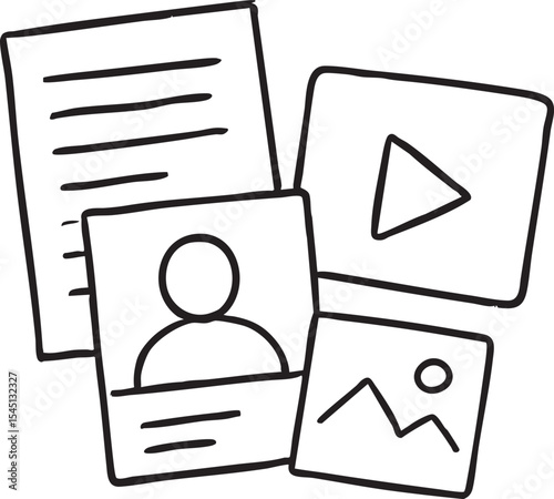 Hand Drawn Stack of Content Document Profile Video and Image Isolated on White Background Minimalist Style
