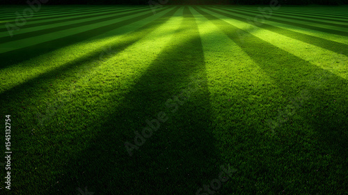 Lush Green Grass Field with Mowed Stripes and Shadows