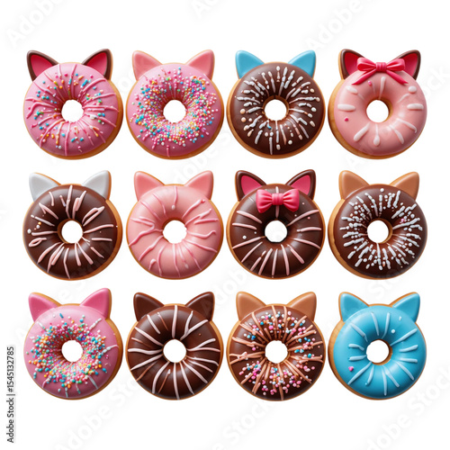 Cute animal face donuts in pink and chocolate theme cartoon bakery item isolated on transparent background