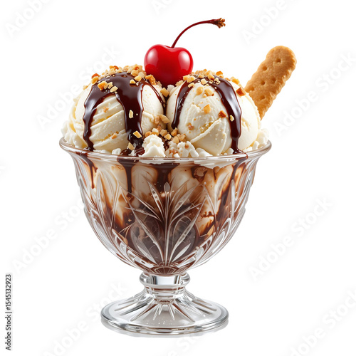 Vanilla ice cream sundae with chocolate syrup and cherry topping dessert isolated on transparent background