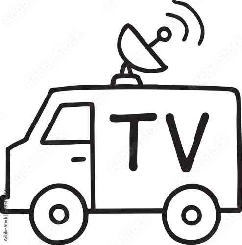 Simple Line Art Depiction of a Television News Van with Satellite Dish on Top for Broadcasting