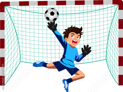 little boy goalkeeper catches the ball
