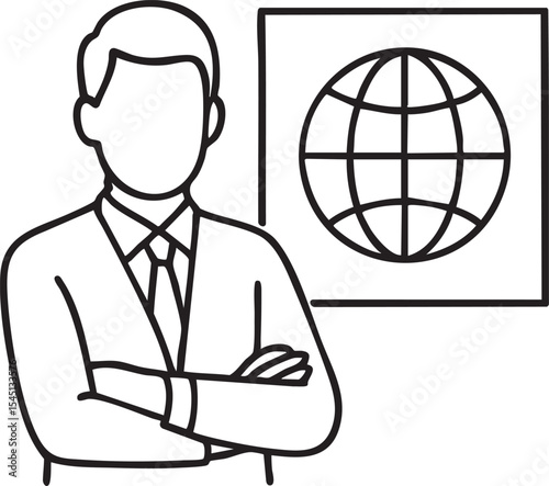 Global Business Leader A Confident Executive with a Worldview Standing Before a Globe Presentation Representing International Business
