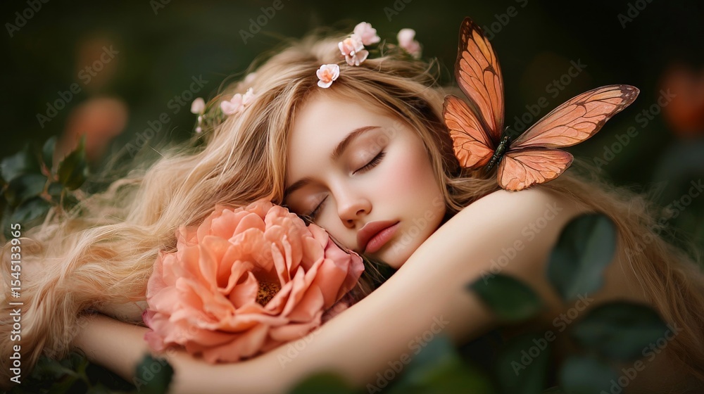 Naklejka premium A fairy sleeping inside a blooming rose