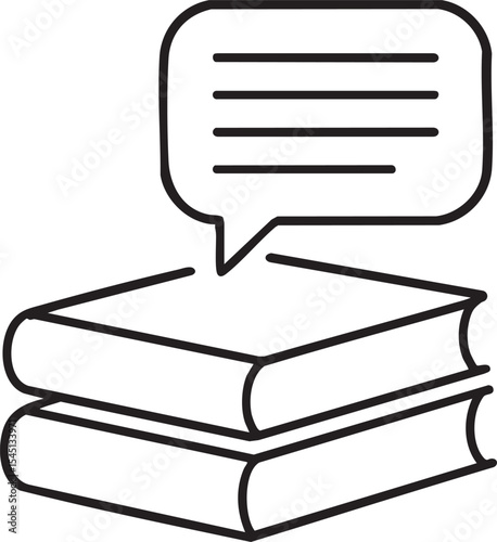 Stack of Books with Speech Bubble Containing Text Lines Representing Knowledge Learning and Communication in Simple Outline Style