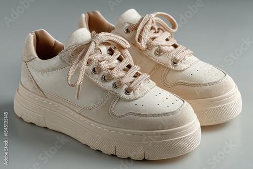 Single light beige fashion sneaker shoe with thick sole and untied laces, sport footwear for casual walking or athletic activity