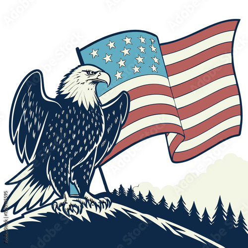 American bald eagle on a hilltop with flag