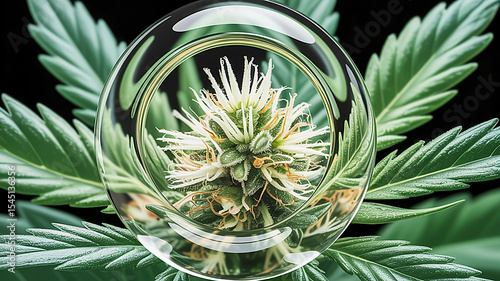 A macro close-up of a green marijuana leaf in a glass, showcasing its intricate nature
