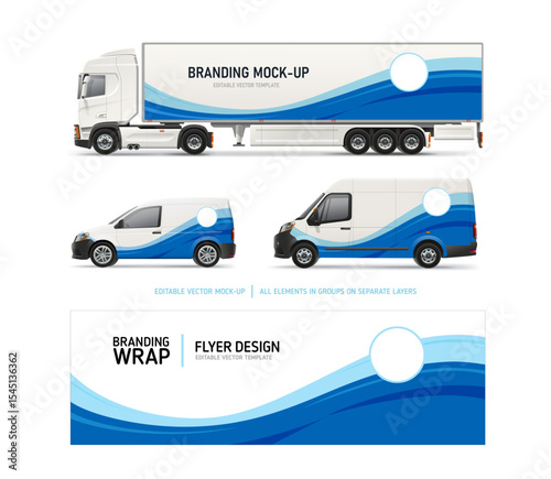 Side view Van, delivery car and Truck mockup with blue branding wrap design. Branding graphics of abstract blue waves livery decal design for transport. Branding vehicle. Editable vector template
