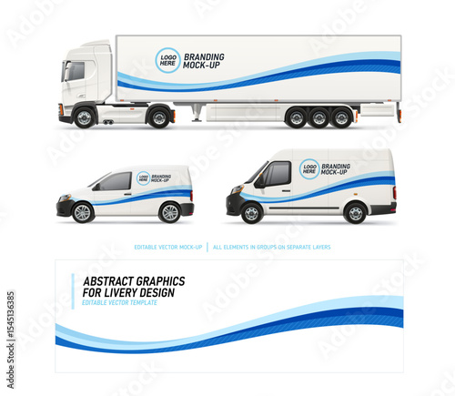 Side view Van, Truck mockup with blue stripe branding wrap design. Brand identity of abstract blue stripe decal design for transport. Branding vehicle. Horizontal AD banner. Editable vector template