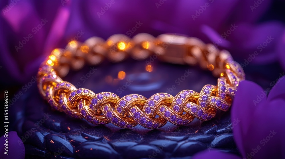 Fototapeta premium Luxurious gold bracelet adorned with purple gemstones, resting on dark surface with purple petals.