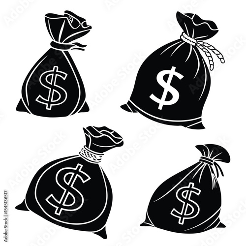 Set of 4 silhouette money bags with dollar symbols in various styles, great for finance, savings, or banking graphics.