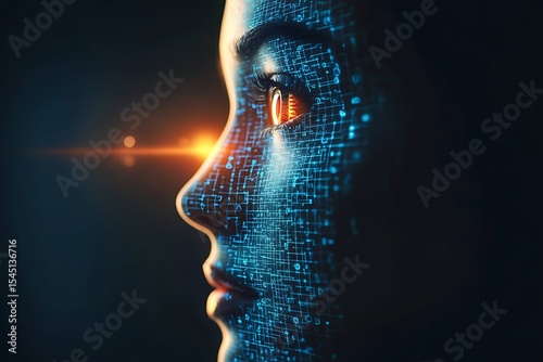 Artificial intelligence face with digital circuit pattern and glowing eye, technology concept