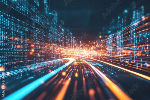 Futuristic data stream city with digital binary code and glowing network connections