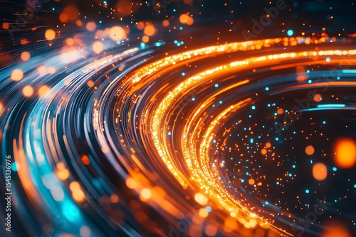 Abstract data stream with glowing lines and particles for technological background design