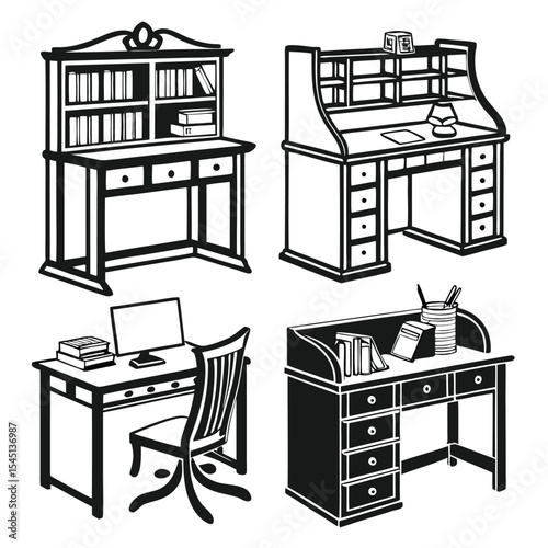 Set of 4 silhouette study desks including chairs and book arrangements, perfect for education or workspace themes.
