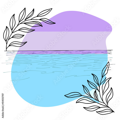 This hand-drawn nature scene with leaves, water, and abstract pastel shapes is ideal for websites or blogs about wellness, environment, travel, or botanical themes, offering a serene and fresh aesthet