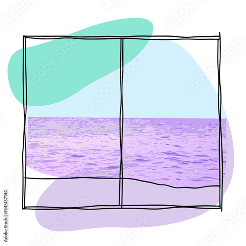 This artistic image, combining a sketched window with a vibrant purple sea, is suitable for websites and blogs about travel, relaxation, abstract art, or digital design.

