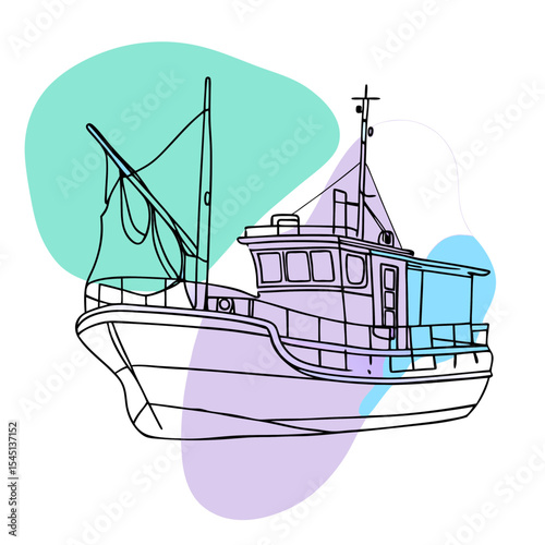 This hand-drawn fishing boat with abstract pastel shapes is ideal for websites or blogs about maritime topics, fishing, travel, or coastal lifestyles, offering a modern and illustrative element.

