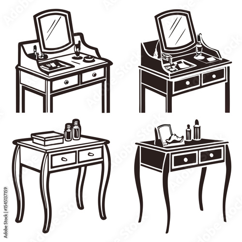 Set of 4 vanity table silhouette designs with mirrors and drawers, suitable for beauty, interior, or furniture-themed visuals.