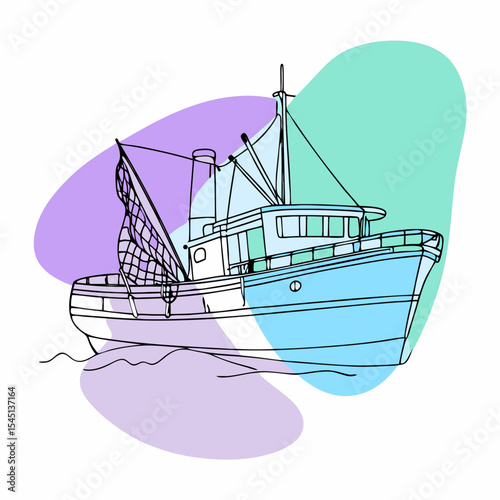This hand-drawn fishing boat with abstract pastel shapes is ideal for websites or blogs about maritime topics, fishing, travel, or coastal lifestyles, offering a modern and illustrative element.

