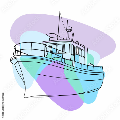 This hand-drawn fishing boat with abstract pastel shapes is ideal for websites or blogs about maritime topics, fishing, travel, or coastal lifestyles, offering a modern and illustrative element.

