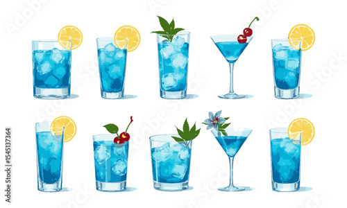 A Modern vector illustration featuring a collection of eight vibrant blue cocktails, blue lagoon cocktails set with ice cubes garnish, easily editable.