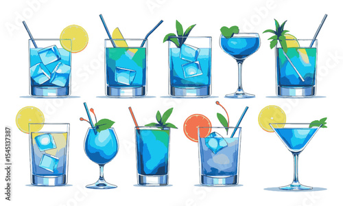 A Modern vector illustration featuring a collection of eight vibrant blue cocktails, blue lagoon cocktails set with ice cubes garnish, easily editable.