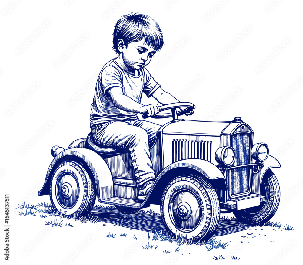 Fototapeta premium Vintage sketch done in blue ink on white background young boy driving a toy car