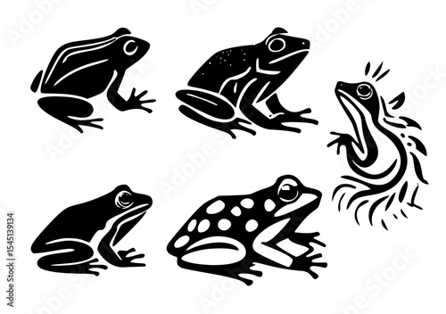 Five stylized black frogs in various poses, showcasing different patterns and designs against a white background.