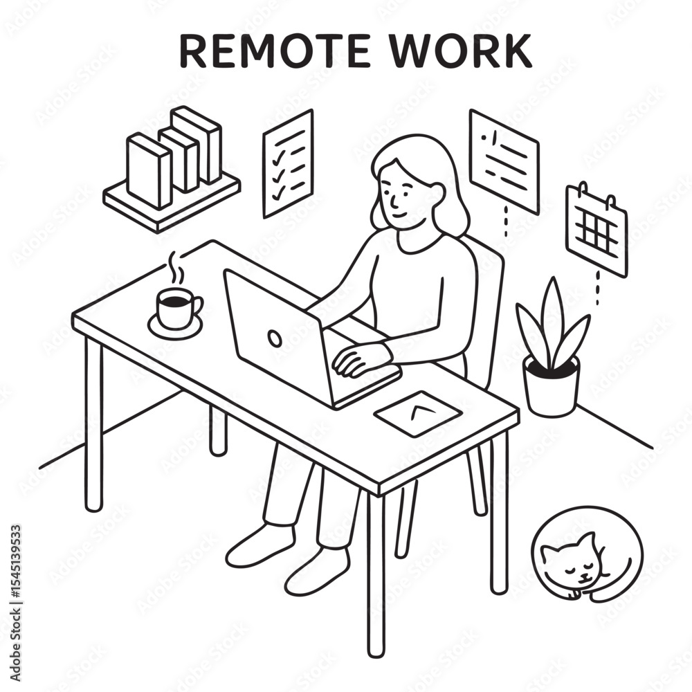 Fototapeta premium Remote Work Woman Illustration – Black and White Outline Vector in Home Office Scene