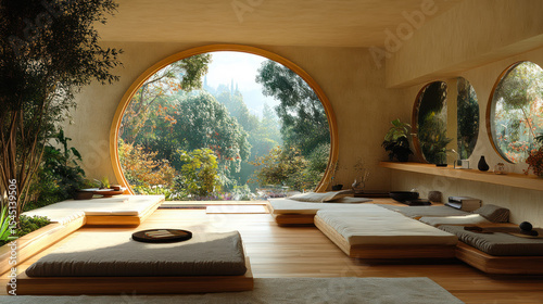 Peaceful minimalist meditation room with floor cushions, circular window, natural light, and forest view, designed for relaxation and mindfulness.
