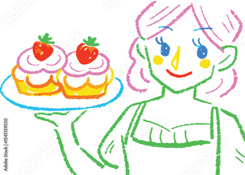 Happy cartoon girl celebrating with a sweet birthday cake, adorned with lit candles and cream
