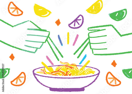 A vibrant vector icon set illustrating colorful candies, vegetables, and various food and drink items like coffee, sushi, bread, and soup