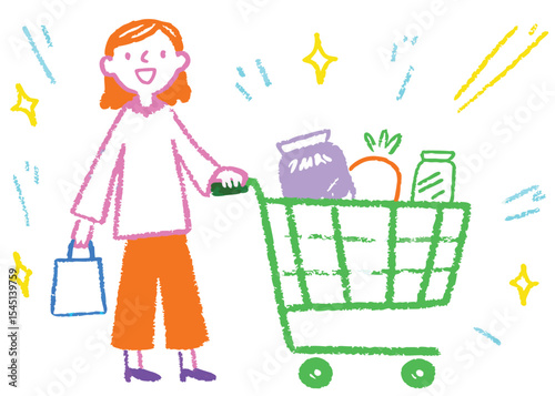 Cartoon illustration of a woman and child with a full shopping cart ready for a sale