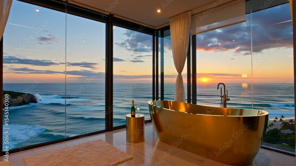 An open luxury bathroom with floor-to-ceiling glas