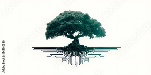 Digital Tree: A conceptual image depicting a robust tree with its roots intertwined with intricate digital circuits, symbolizing the convergence of nature and technology, progress and growth.