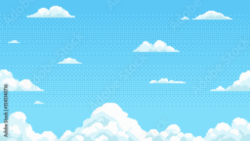 Pixel art sky background with cartoon cloud. Retro game design asset, 8 bit style for video game.