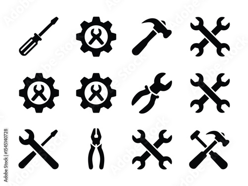 Black Tool Icons Set Wrenches Hammer Screwdriver Pliers Gear