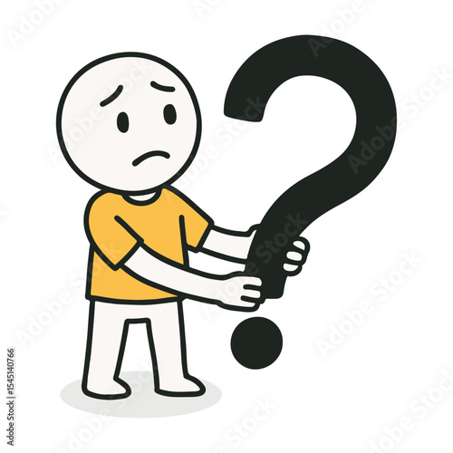 Stick Figure Holding Question Mark. Curious Expression, Hand Drawn Doodle Art, Minimal Line Drawing Vector Illustration 