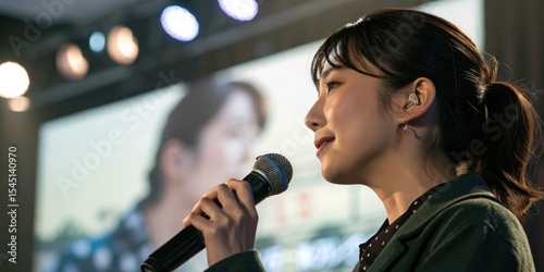 A woman speaks confidently into a microphone during a presentation or event, with blurred lights and screen in the background.