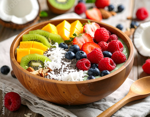 Vibrant-smoothie-bowl-with-colorful-superfoods,-chia-seeds,-fresh-berries,-coconut