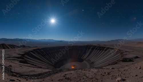 Title: Glowing Crater in Desert Under Starry Night Sky, Concept of Impact, Cosmic Mystery, and Otherworldly Isolation