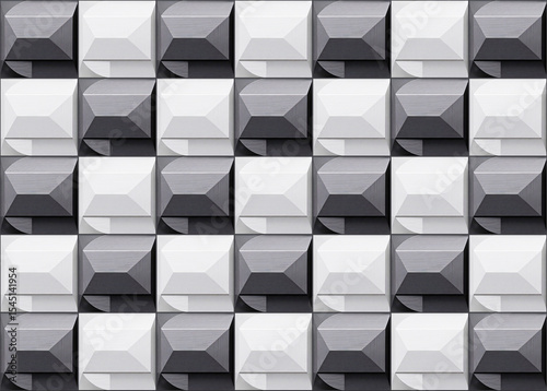 Abstract 3d black-gray-white cubes background. 3d rendering, collage. Seamless pattern of geometric shapes in checkerboard colors.