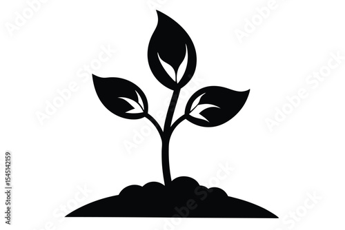 Black Silhouette of Seedling Growing from Soil with Three Leaves on Top